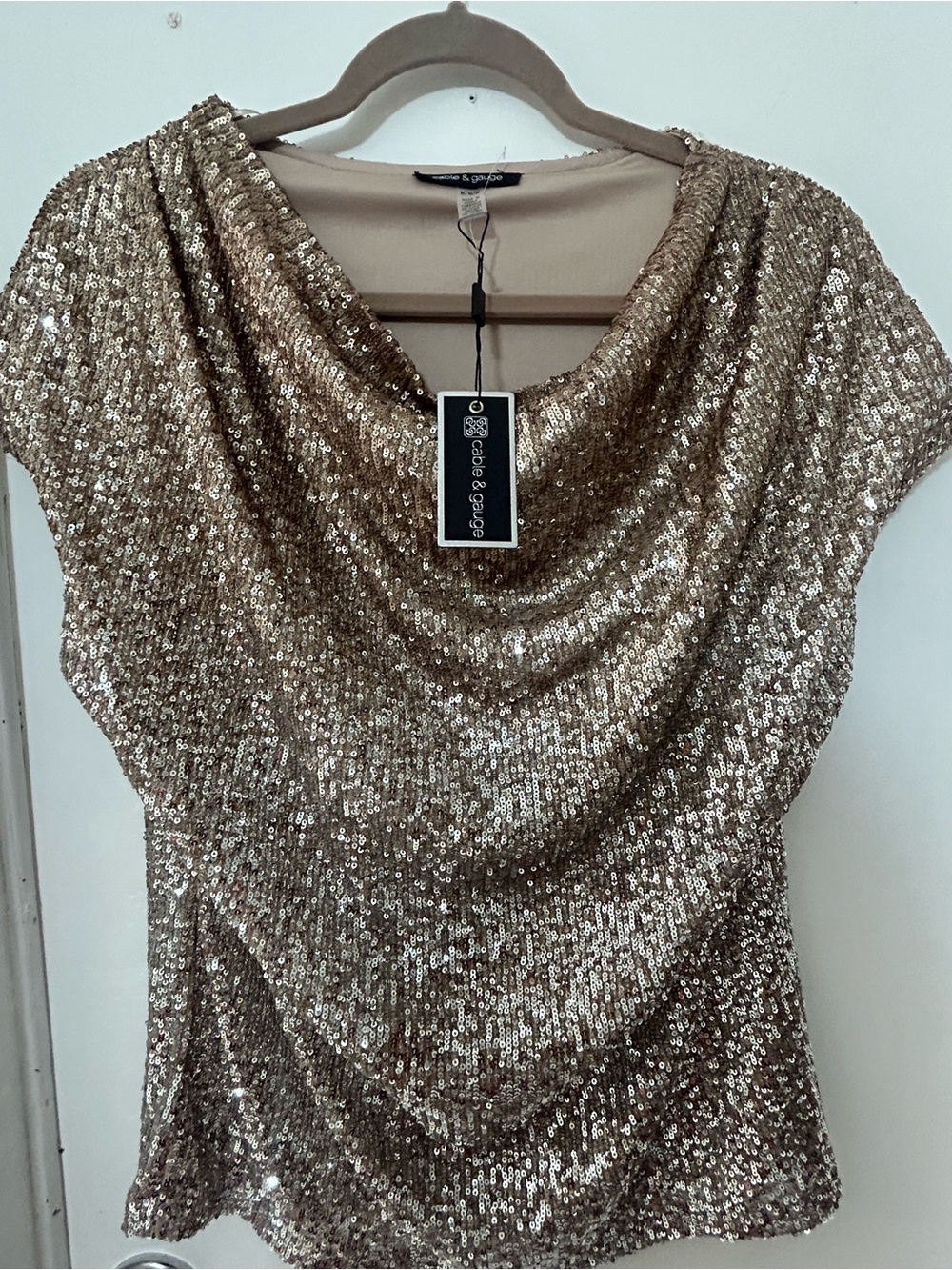 Cable & Gauge Gold Sequin Draped Neck Top